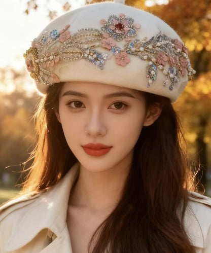 Beige Sequins Nail Bead Woolen Beret Hat