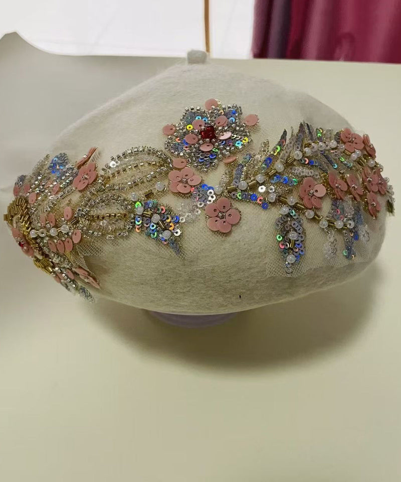 Beige Sequins Nail Bead Woolen Beret Hat