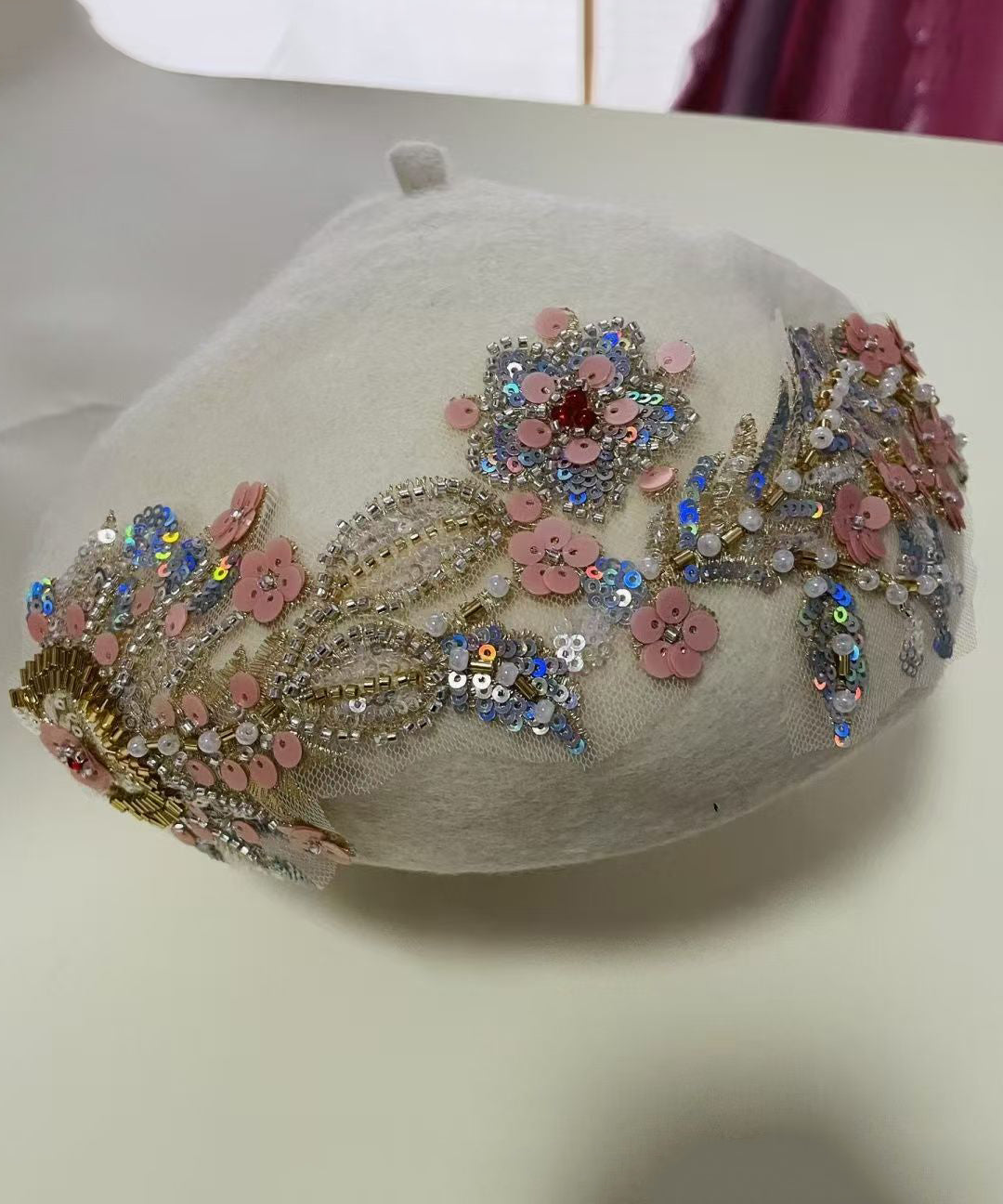 Beige Sequins Nail Bead Woolen Beret Hat