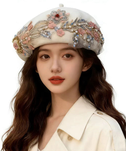 Beige Sequins Nail Bead Woolen Beret Hat