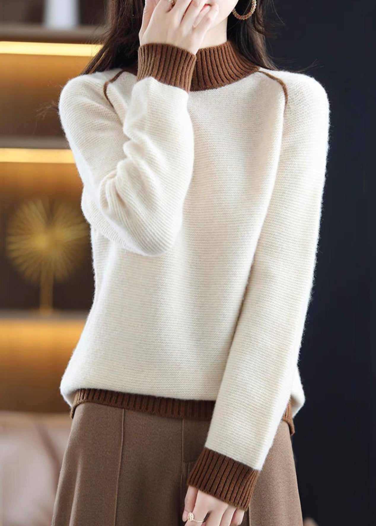 Beige Turtleneck Cozy Patchwork Wool Knit Sweaters Fall