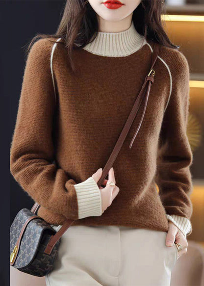 Brown Turtleneck Cozy Patchwork Wool Knit Sweaters