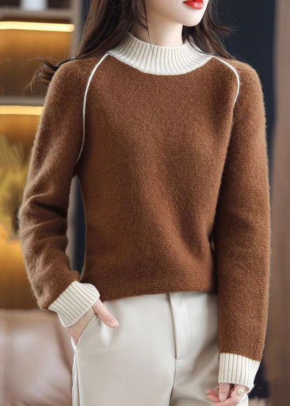 Brown Turtleneck Cozy Patchwork Wool Knit Sweaters