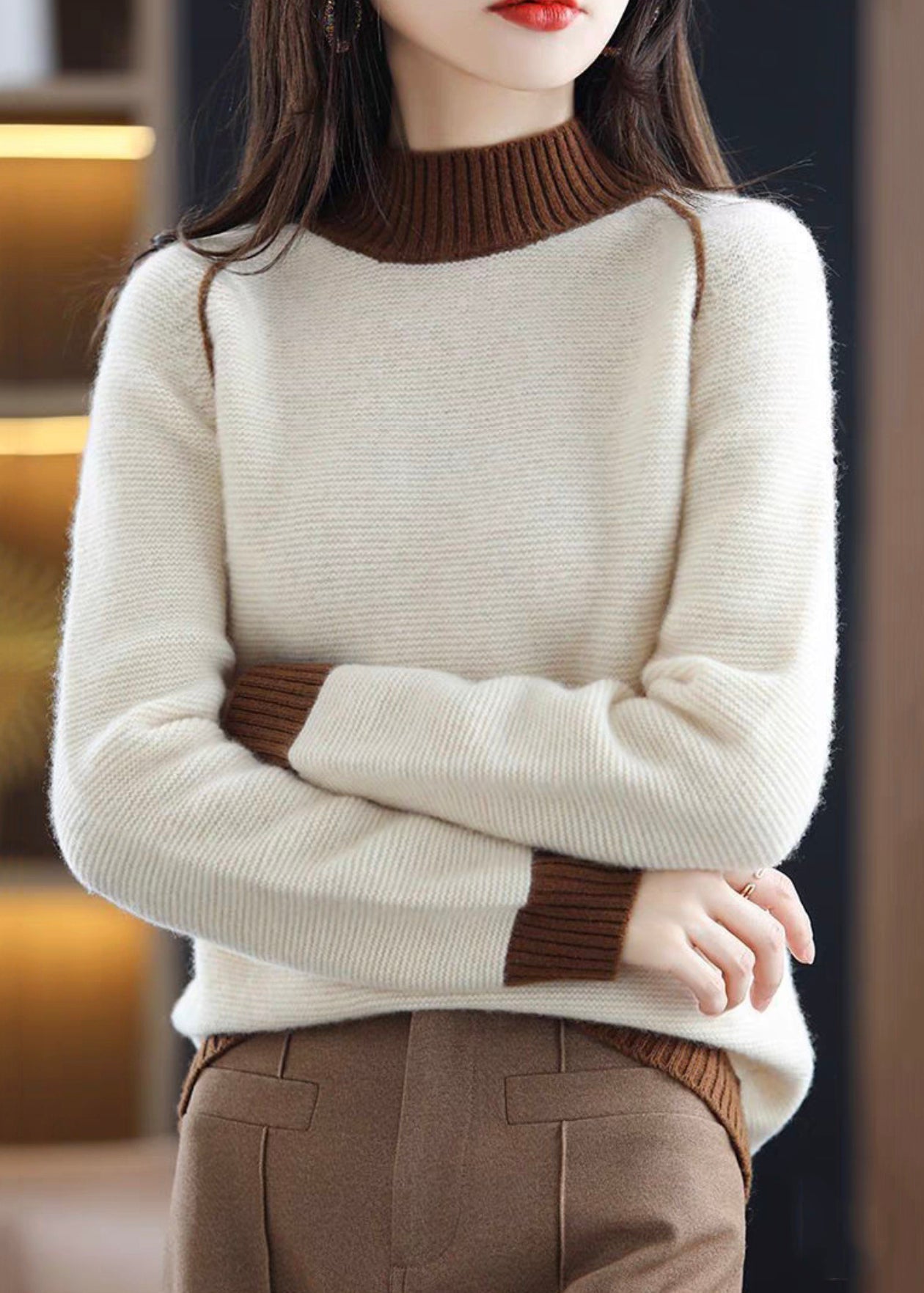 Brown Turtleneck Cozy Patchwork Wool Knit Sweaters
