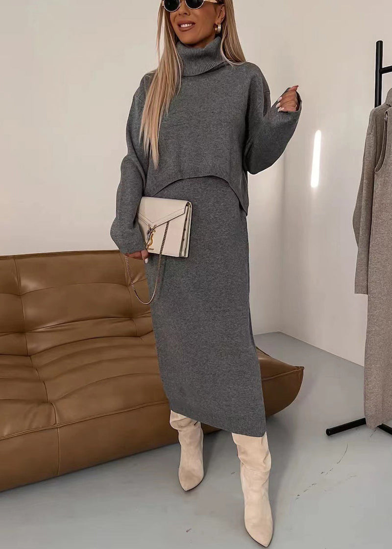 Beige Turtleneck Sweaters and Skirts Knit Two Piece Set Spring
