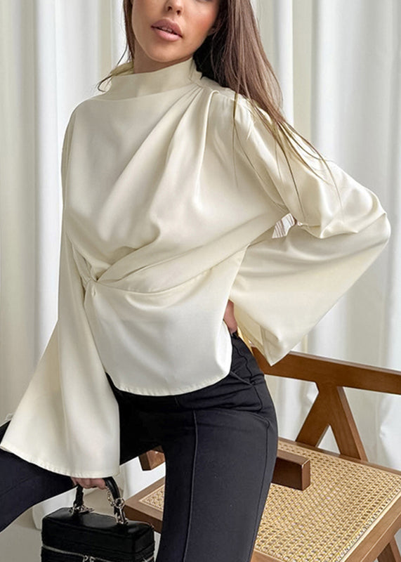 Beige Turtleneck Wrinkled Chiffon Shirt Fall