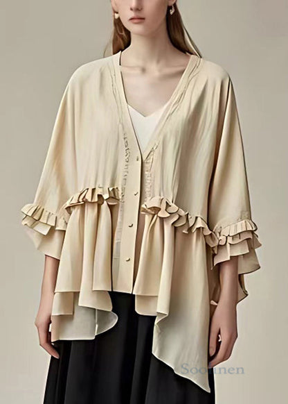 Beige V Neck Button Ruffled Cotton Coat Butterfly Sleeve