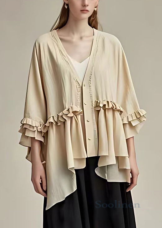 Beige V Neck Button Ruffled Cotton Coat Butterfly Sleeve
