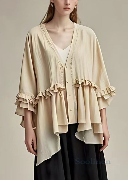 Beige V Neck Button Ruffled Cotton Coat Butterfly Sleeve