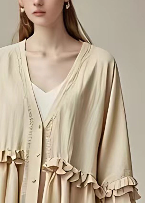 Beige V Neck Button Ruffled Cotton Coat Butterfly Sleeve