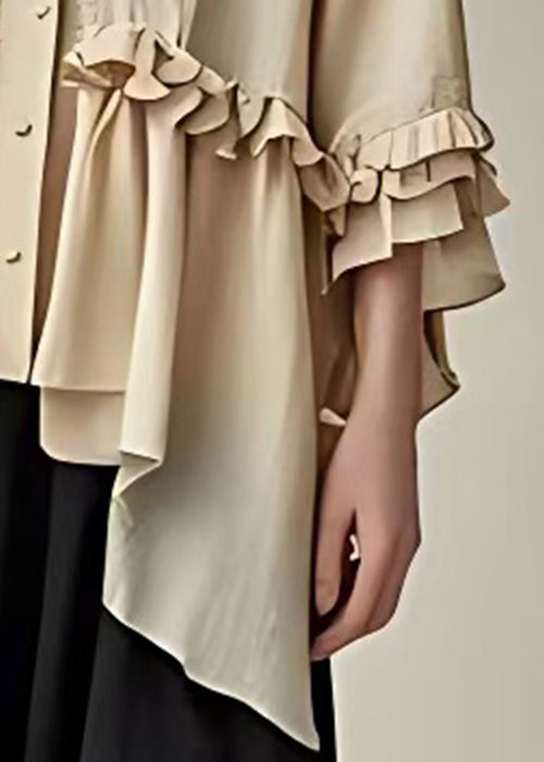 Beige V Neck Button Ruffled Cotton Coat Butterfly Sleeve