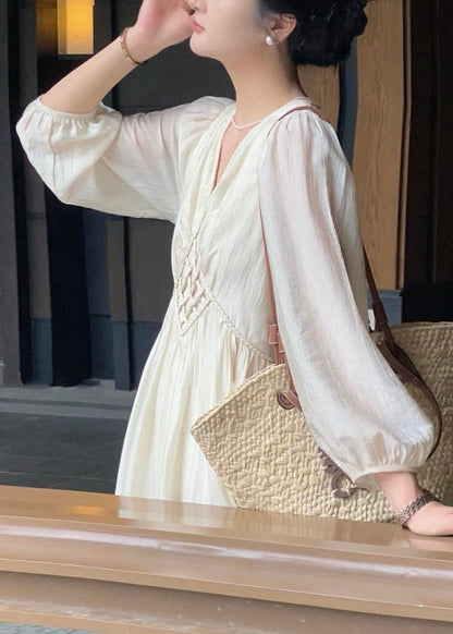 Beige V Neck High Waist Cotton Long Dress Fall