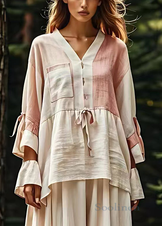 Beige V Neck Lace Up Patchwork Cotton Tops Fall