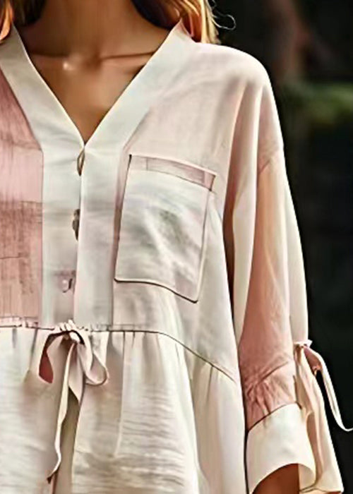 Beige V Neck Lace Up Patchwork Cotton Tops Fall