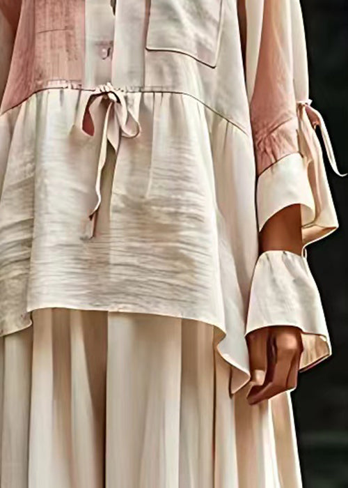 Beige V Neck Lace Up Patchwork Cotton Tops Fall