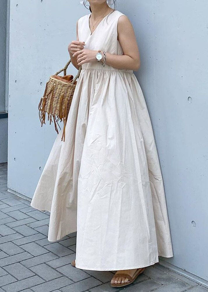 Beige V Neck Patchwork Cotton Holiday Dress Sleeveless