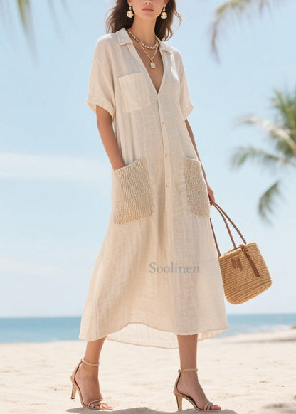 Beige V Neck Patchwork Pockets Cotton Vacation Dresses Summer