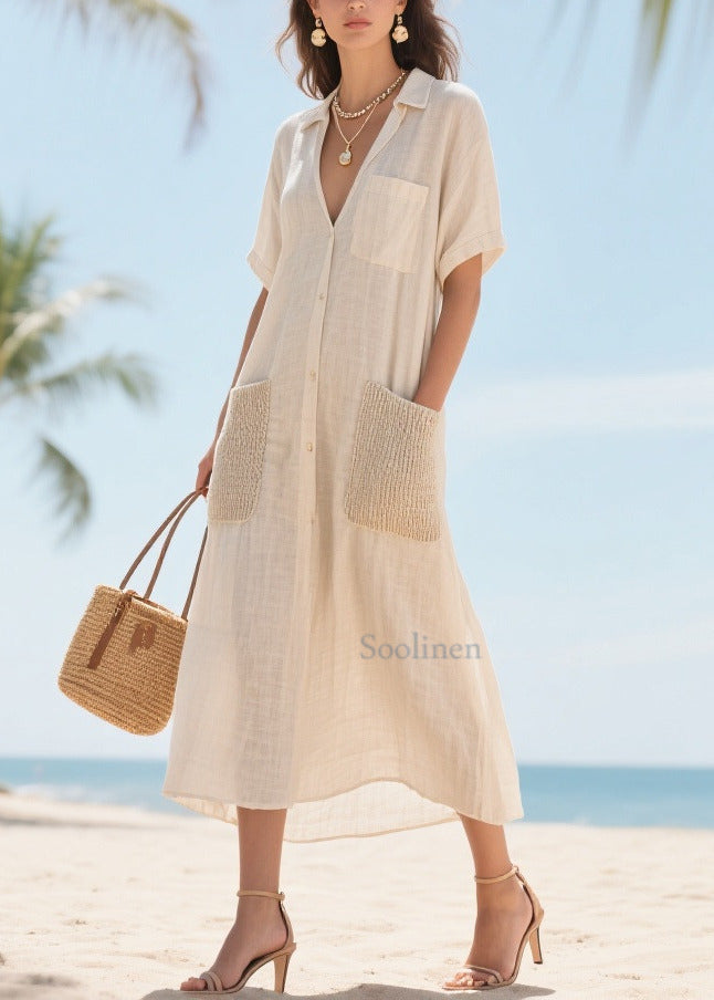 Beige V Neck Patchwork Pockets Cotton Vacation Dresses Summer