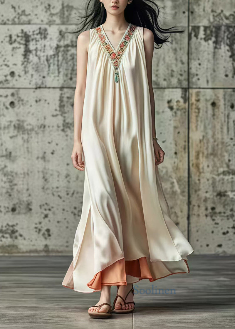 Beige V Neck Patchwork Silk Long Dress Sleeveless