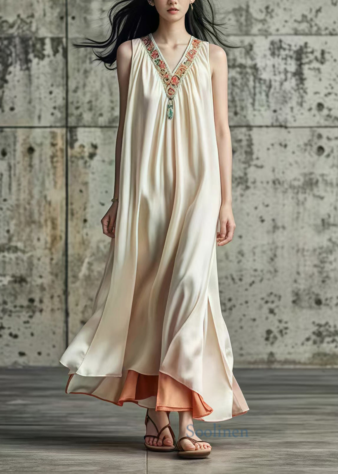 Beige V Neck Patchwork Silk Long Dress Sleeveless