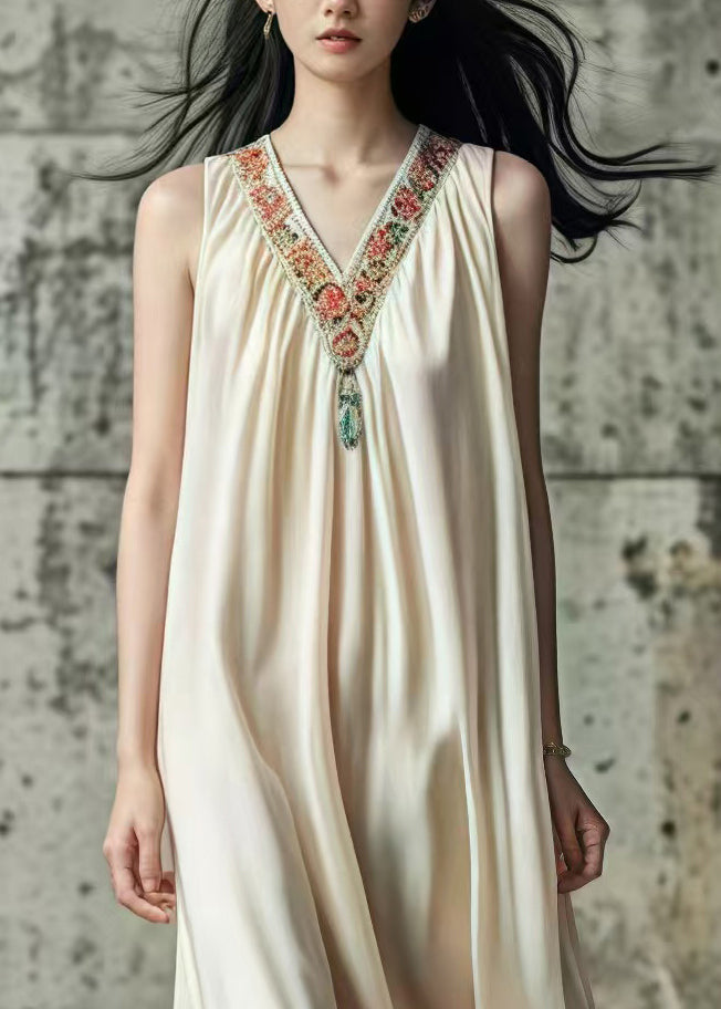 Beige V Neck Patchwork Silk Long Dress Sleeveless