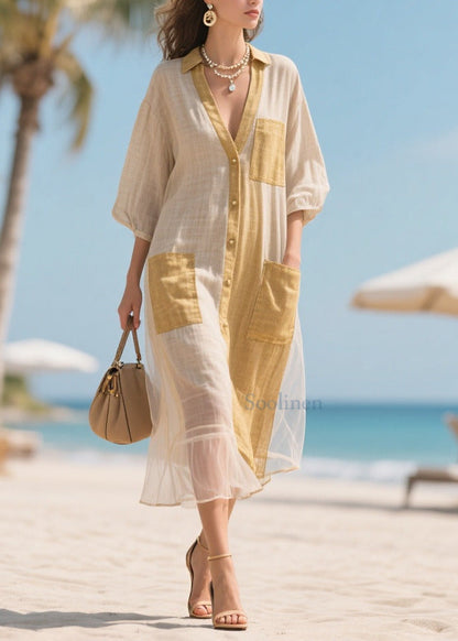Beige V Neck Patchwork Tulle Maxi Dresses Bracelet Sleeve