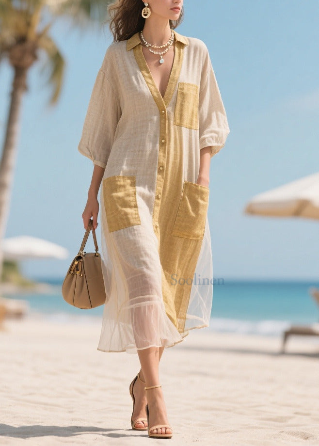 Beige V Neck Patchwork Tulle Maxi Dresses Bracelet Sleeve