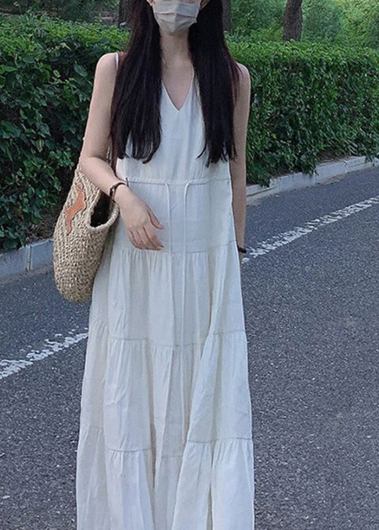 Beige V Neck Patchwork Vacation Chiffon Long Dresses Summer