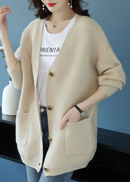 Beige V Neck Pockets Patchwork Cashmere Loose Coat Fall