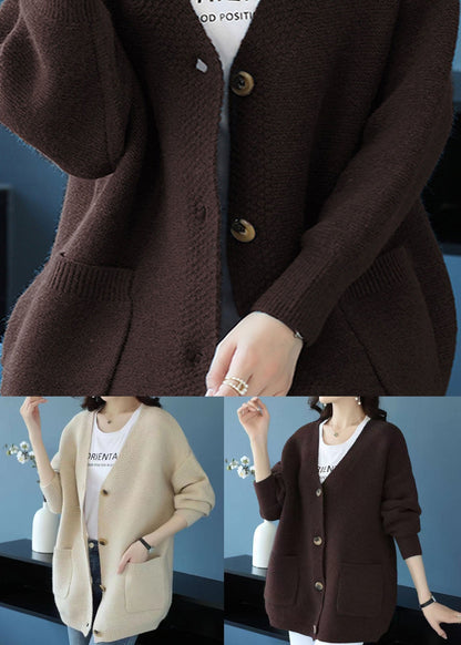 Beige V Neck Pockets Patchwork Cashmere Loose Coat Fall