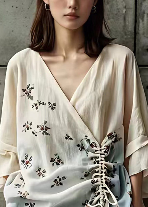Beige V Neck Print Lace Up Cotton Shirts Fall