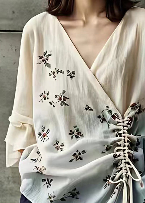 Beige V Neck Print Lace Up Cotton Shirts Fall