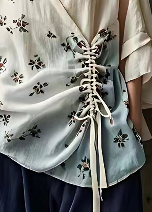 Beige V Neck Print Lace Up Cotton Shirts Fall