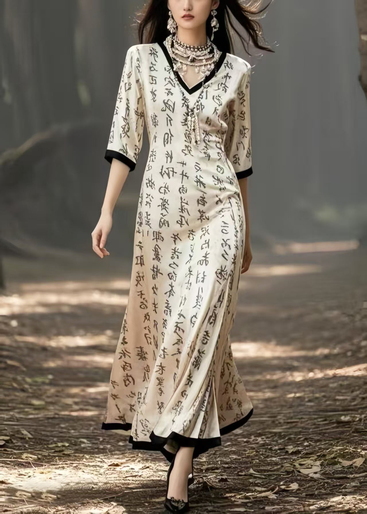 Beige V Neck Print Silk Holiday Dress Half Sleeve