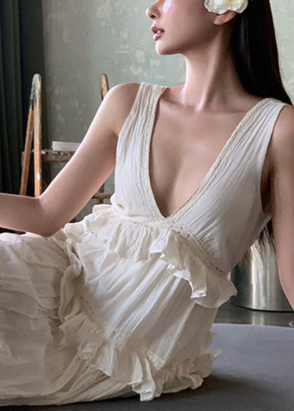 Beige V Neck Ruffled Cotton Long Dresses Summer