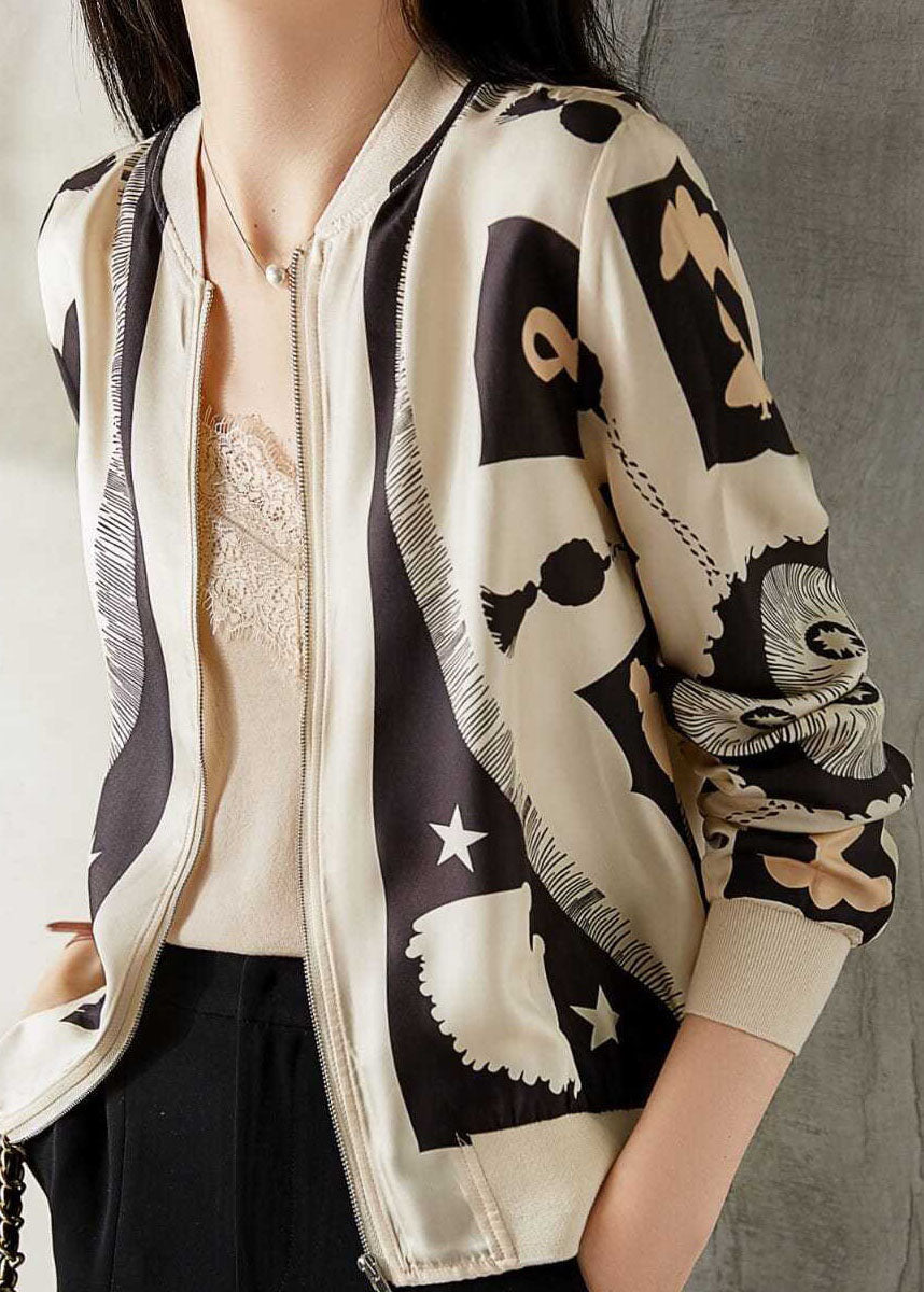 Beige V Neck Zippered Patchwork Print Silk Coat Spring
