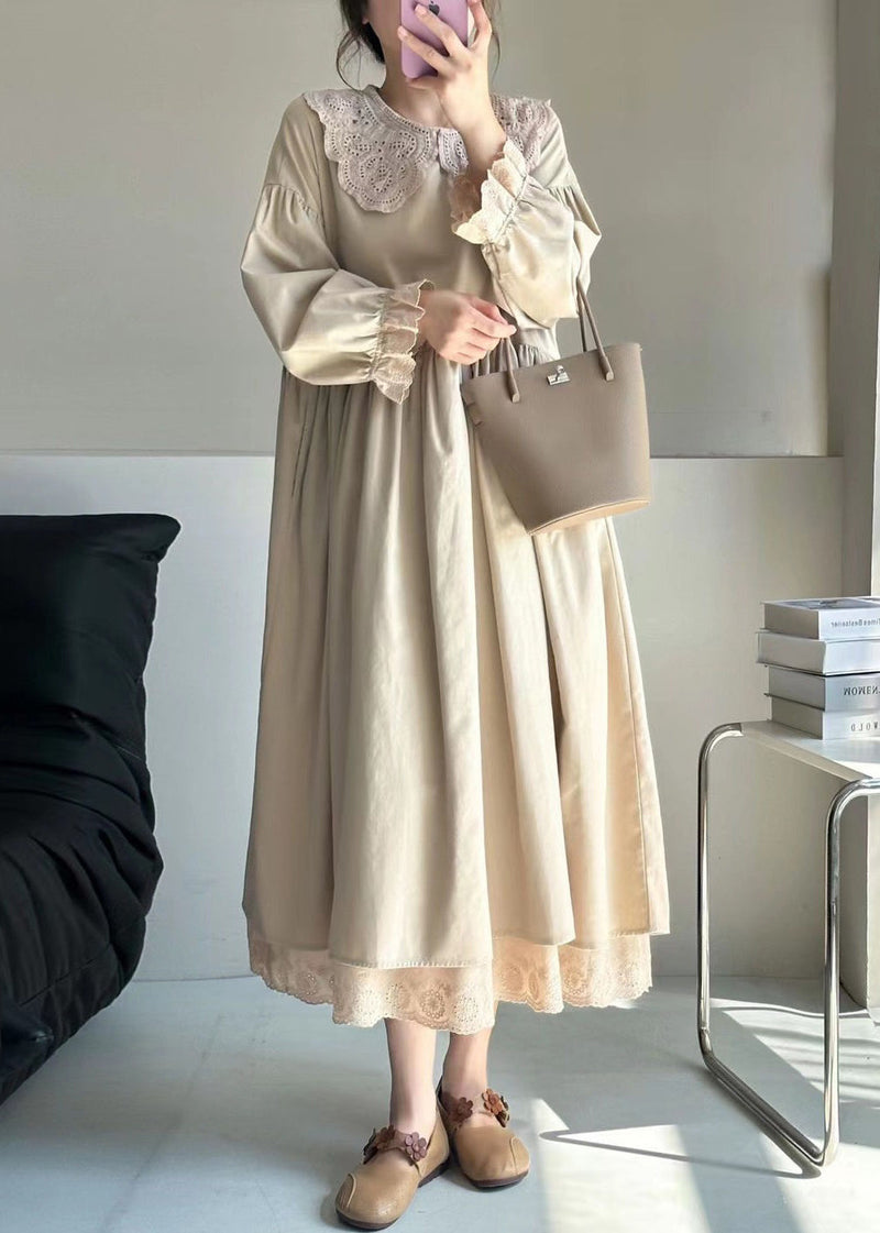 Beige Wrinkled Lace Patchwork Cotton Dress Spring
