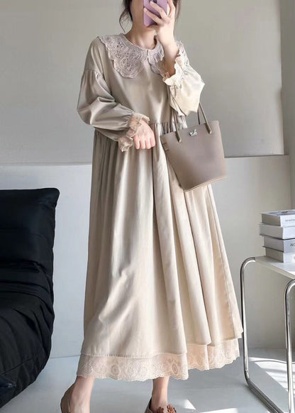 Beige Wrinkled Lace Patchwork Cotton Dress Spring