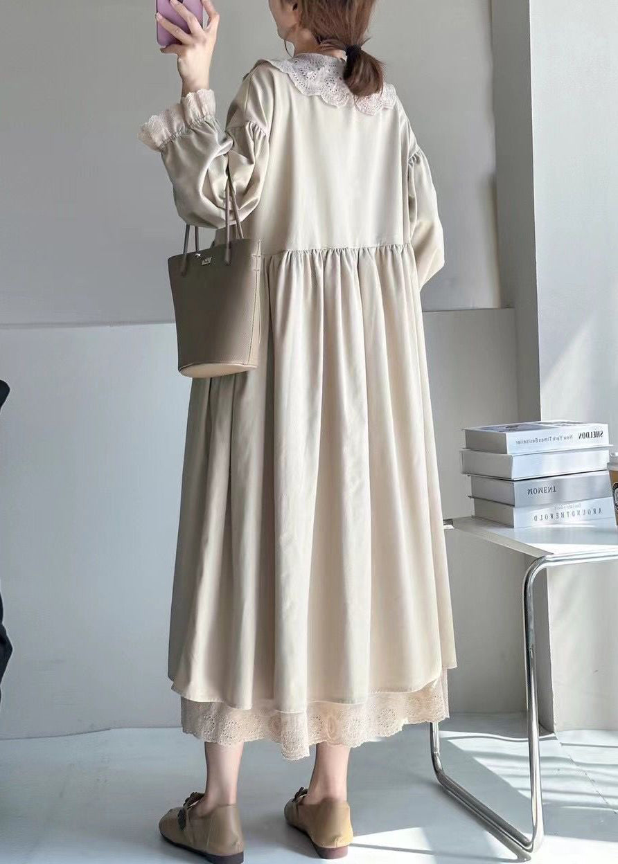 Beige Wrinkled Lace Patchwork Cotton Dress Spring