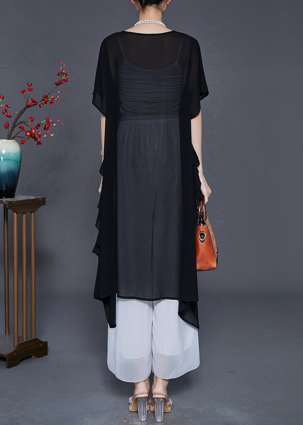 Black Asymmetrical Chiffon Shirts Summer