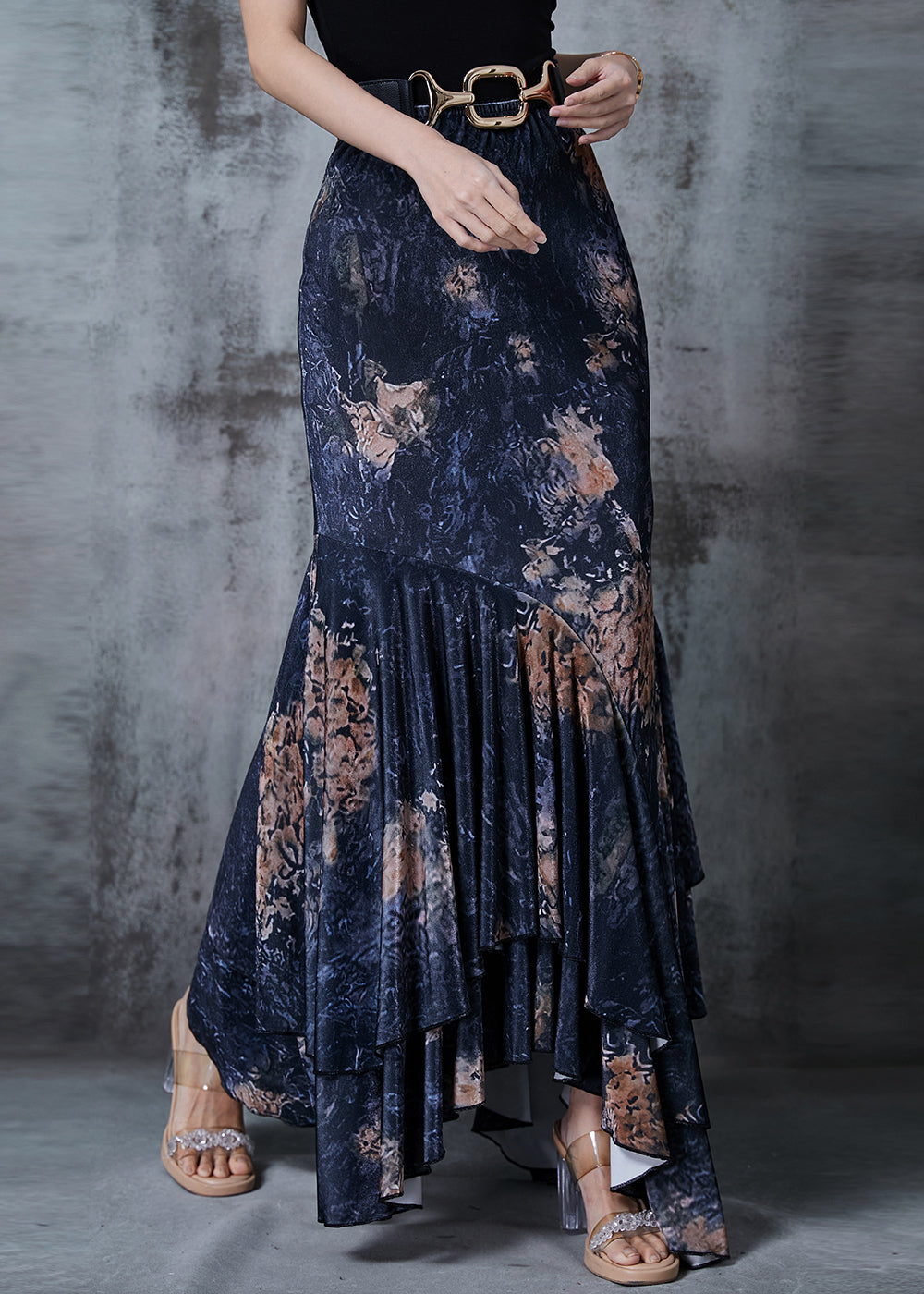 Black Asymmetrical Patchwork Print Wraped Skirts Fall
