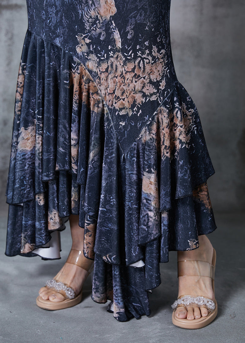 Black Asymmetrical Patchwork Print Wraped Skirts Fall