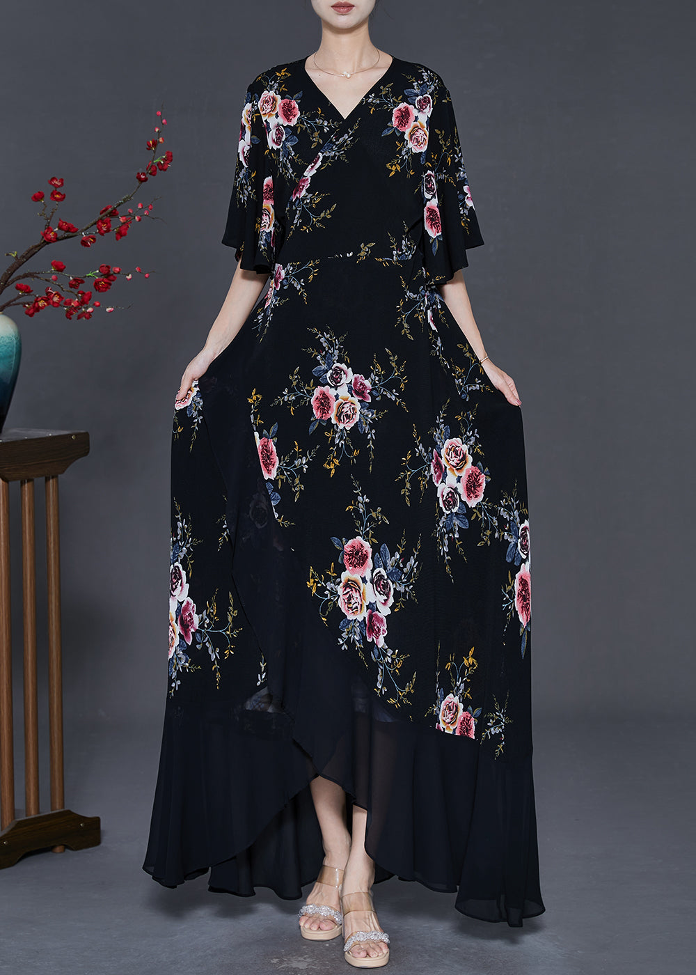 Black Asymmetrical Print Chiffon Maxi Dresses Summer