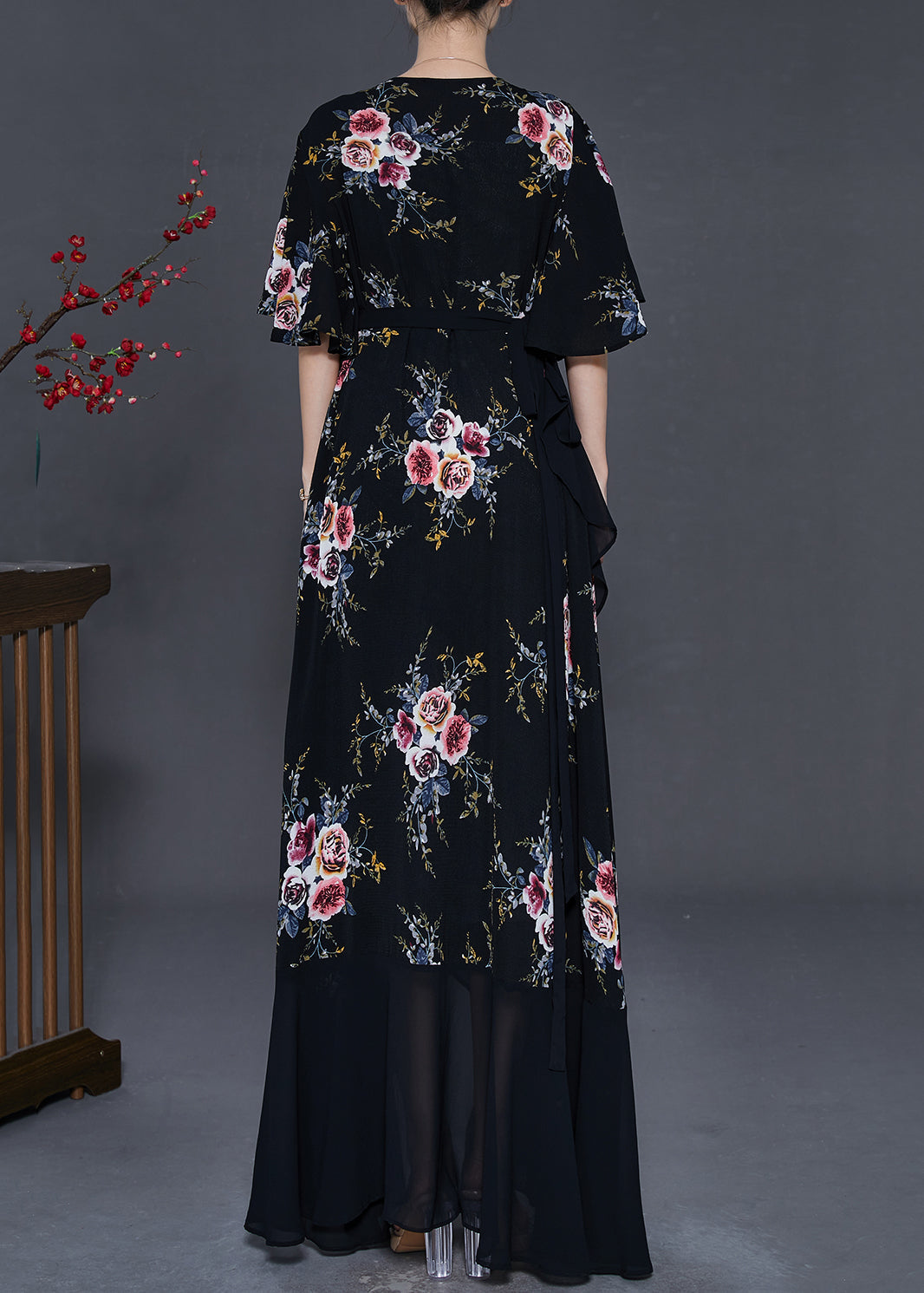 Black Asymmetrical Print Chiffon Maxi Dresses Summer