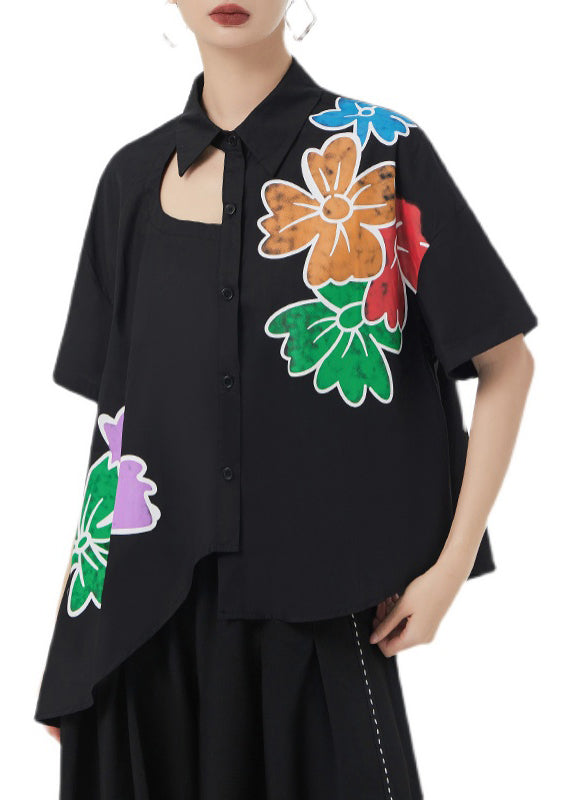 Black Asymmetrical Print Patchwork Cotton Shirts Short Sleeve