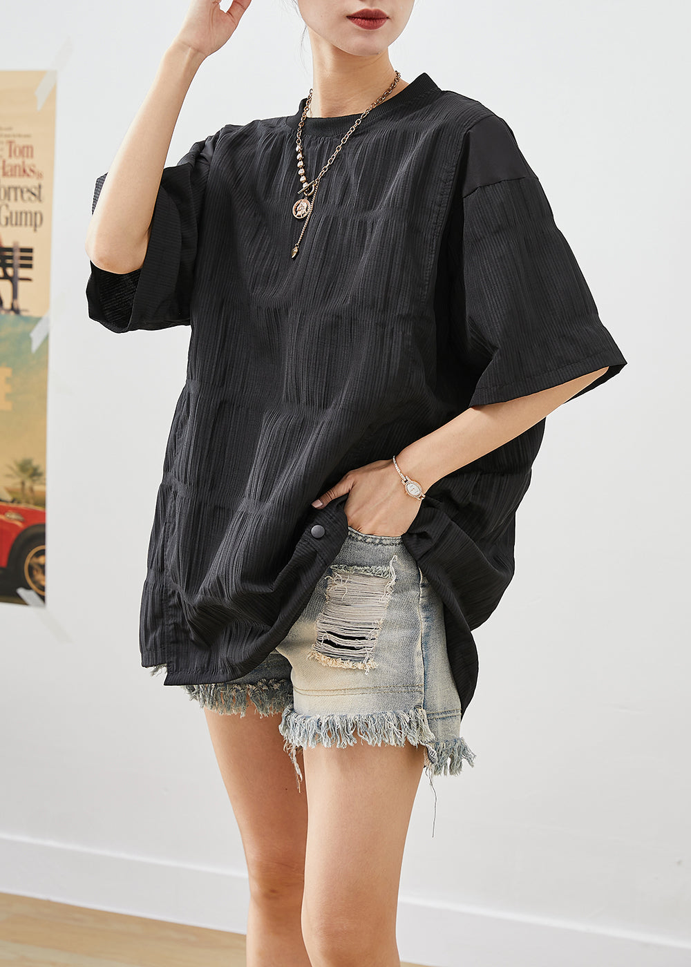 Black Asymmetrical Wrinkled Cotton Tank Tops Summer