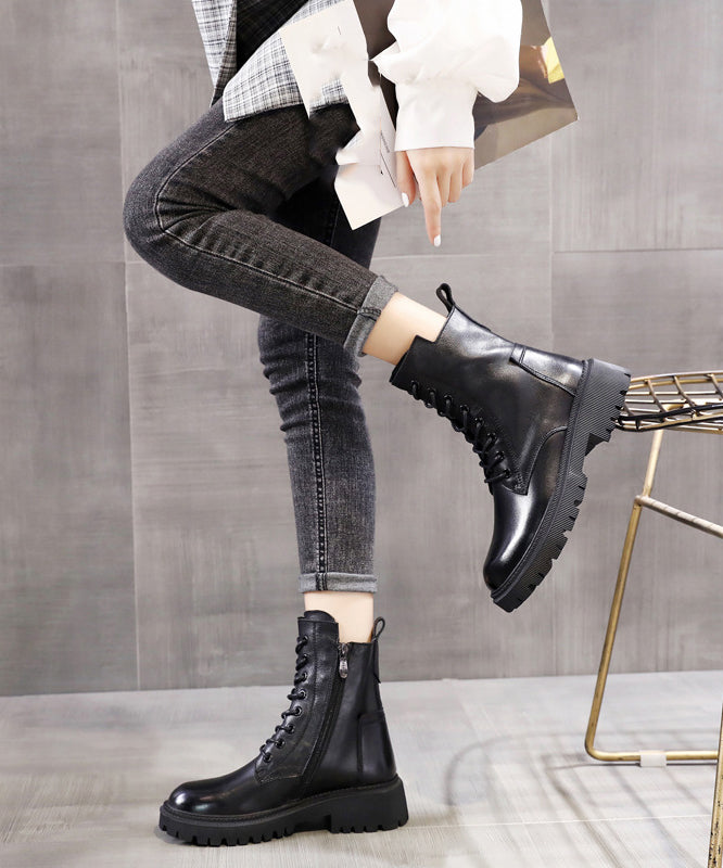 Black Boots Warm Fleece Lace Up Chunky Boots