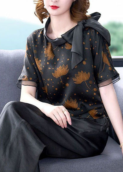 Black Bow Collar Patchwork Print Silk Shirt Short Sleeve