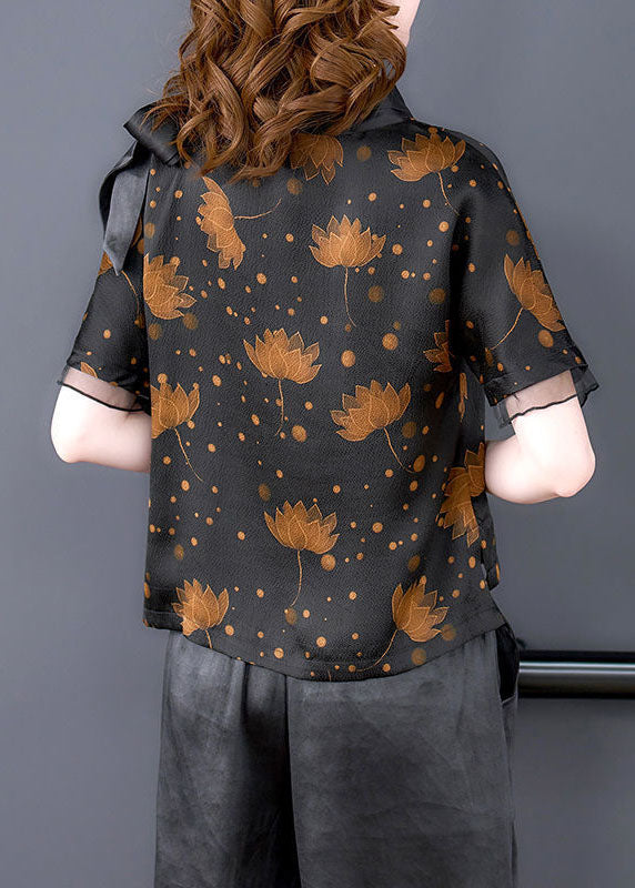 Black Bow Collar Patchwork Print Silk Shirt Short Sleeve