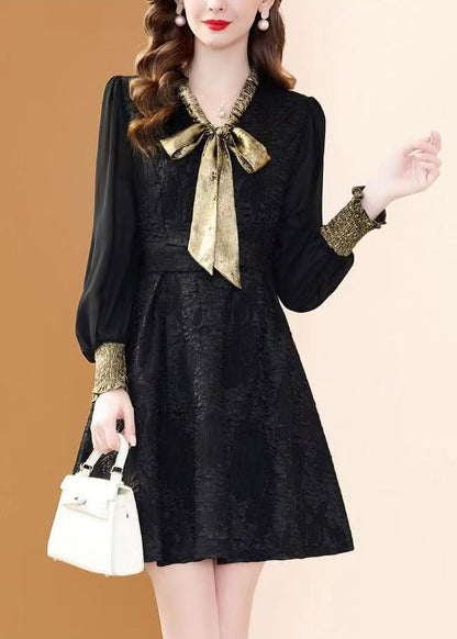 Black Bow Pockets Patchwork Dresses Winter